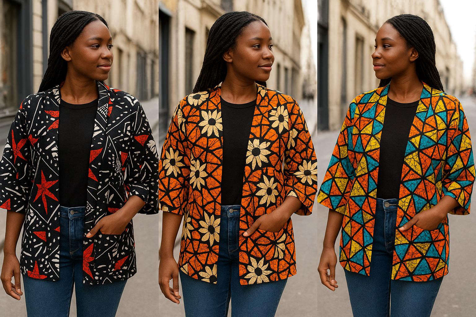 Three LizArtworks Finland OY ankara print jackets, handcrafted from wax-print fabric