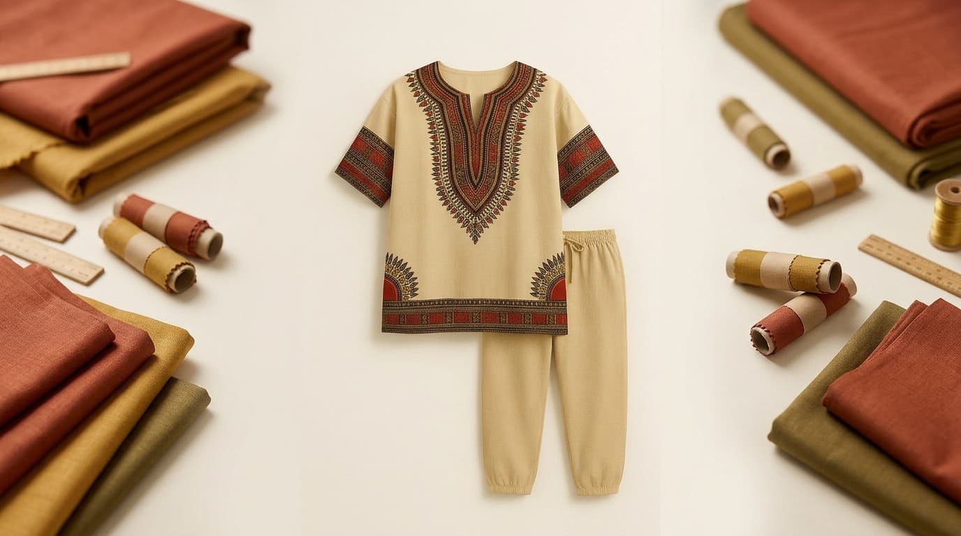 Folded dashiki tunic and trousers set in traditional print