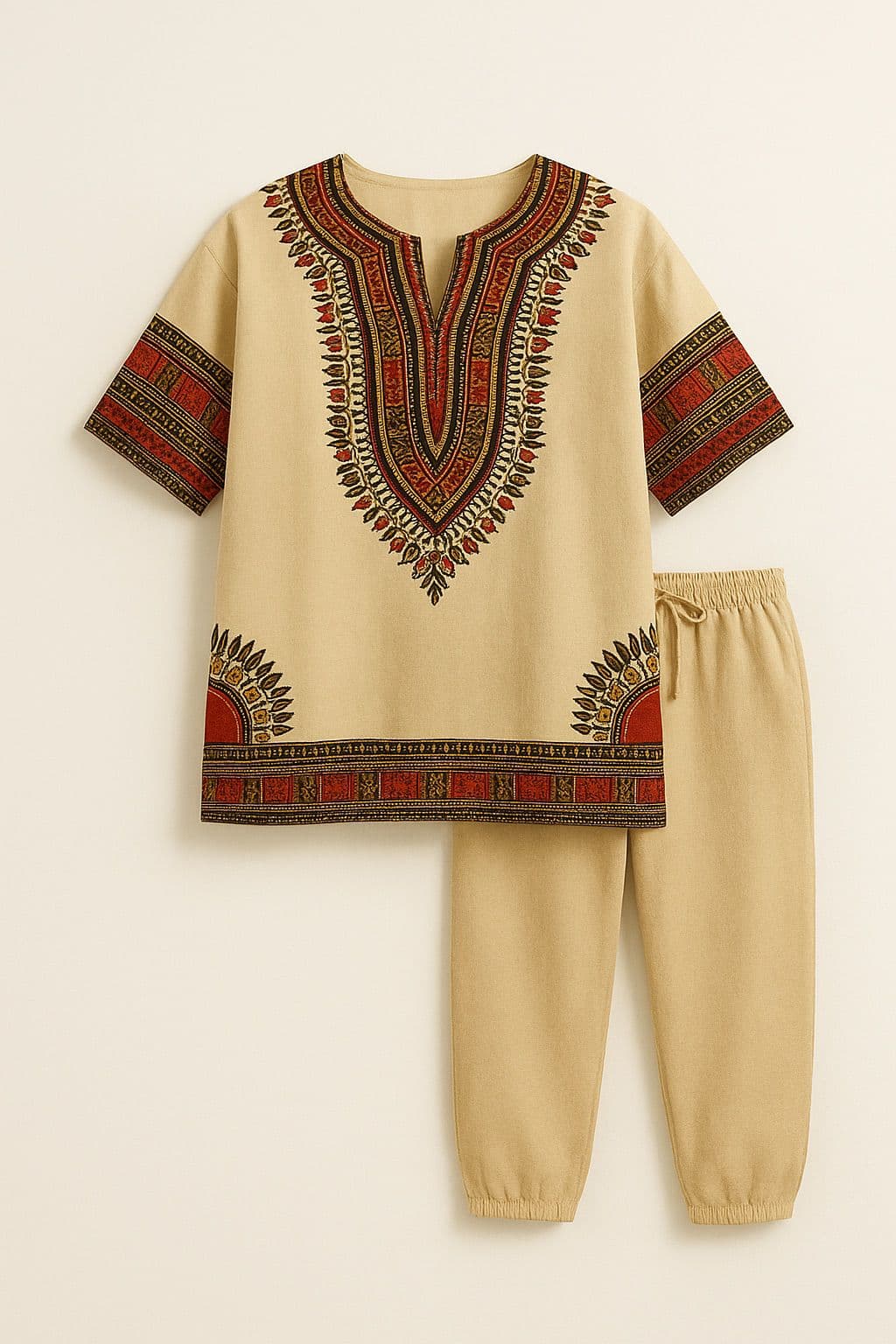 Folded dashiki tunic and trousers set in traditional print