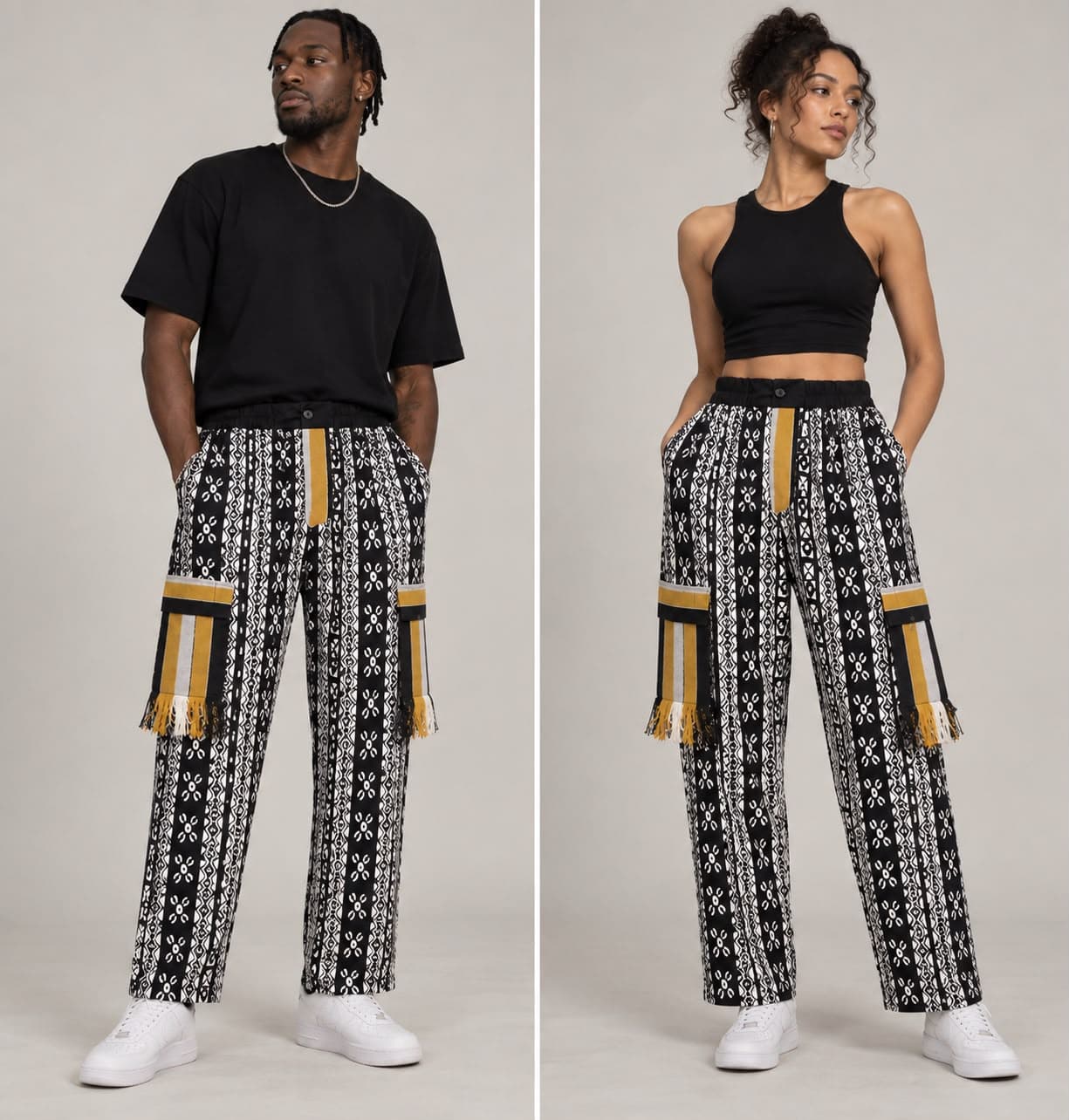 Aso-Oke Utility Trousers – Black, White & Gold