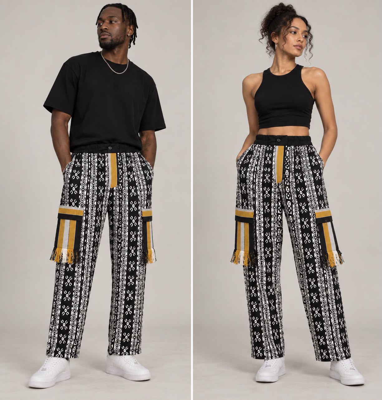 Aso-Oke Utility Trousers – Black, White & Gold