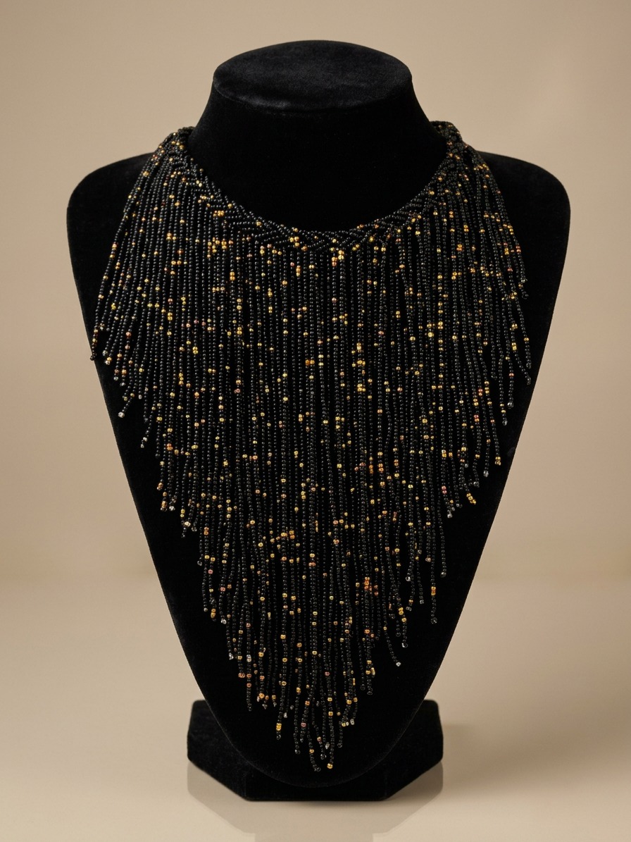 Black & Gold Fringe Statement Necklace