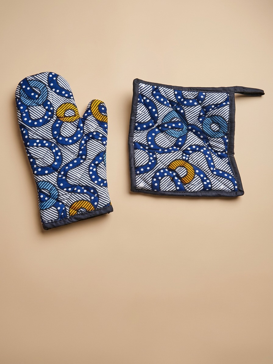 African Print Oven Glove & Pot Holder Set - Blue