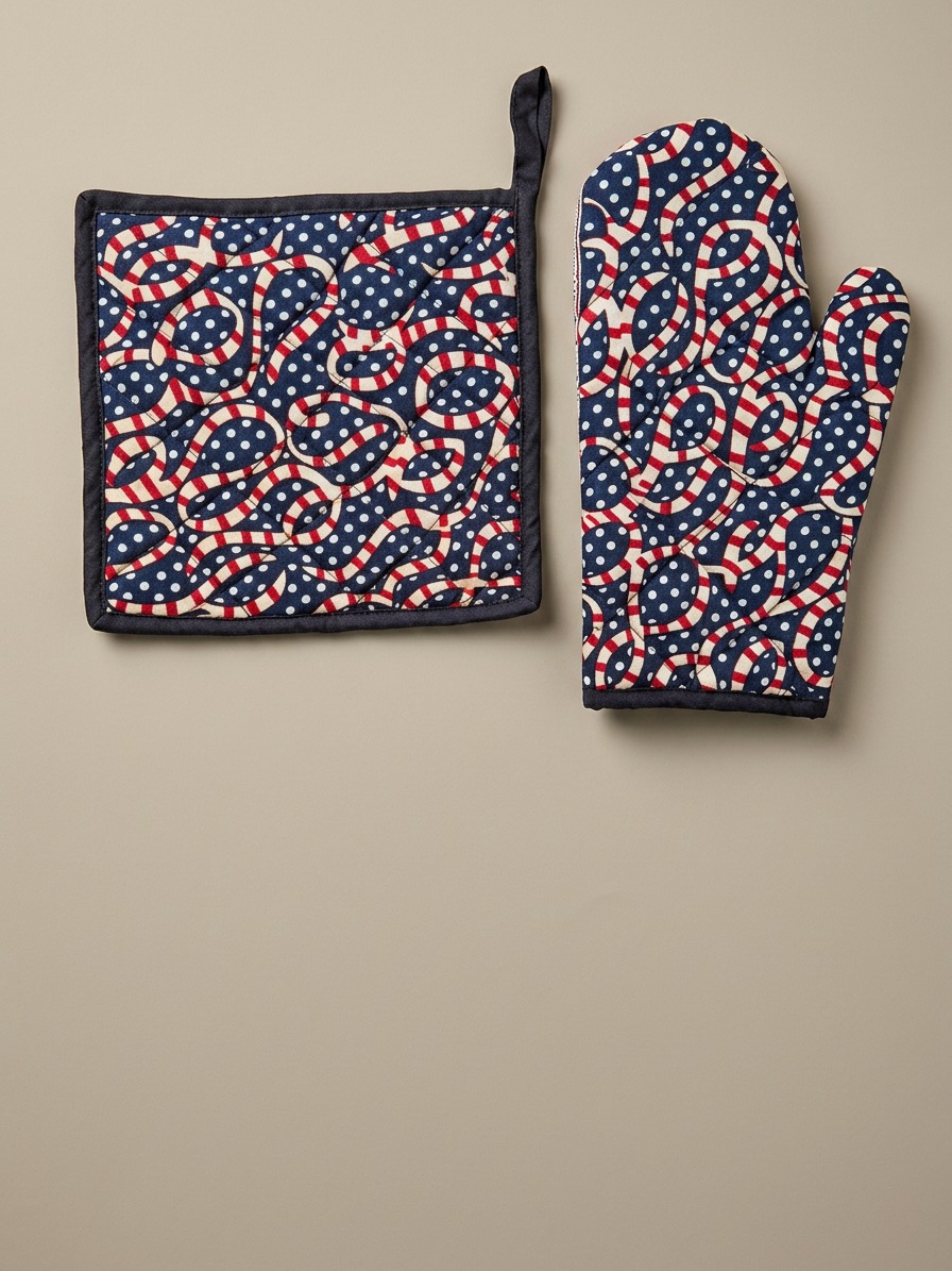 African Print Oven Glove & Pot Holder Set - Navy