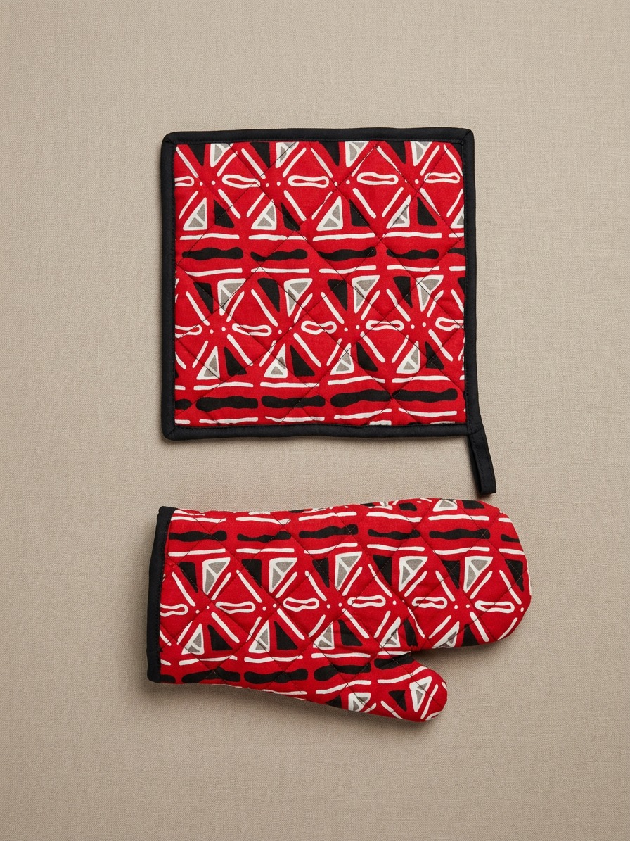 African Print Oven Glove & Pot Holder Set - Red